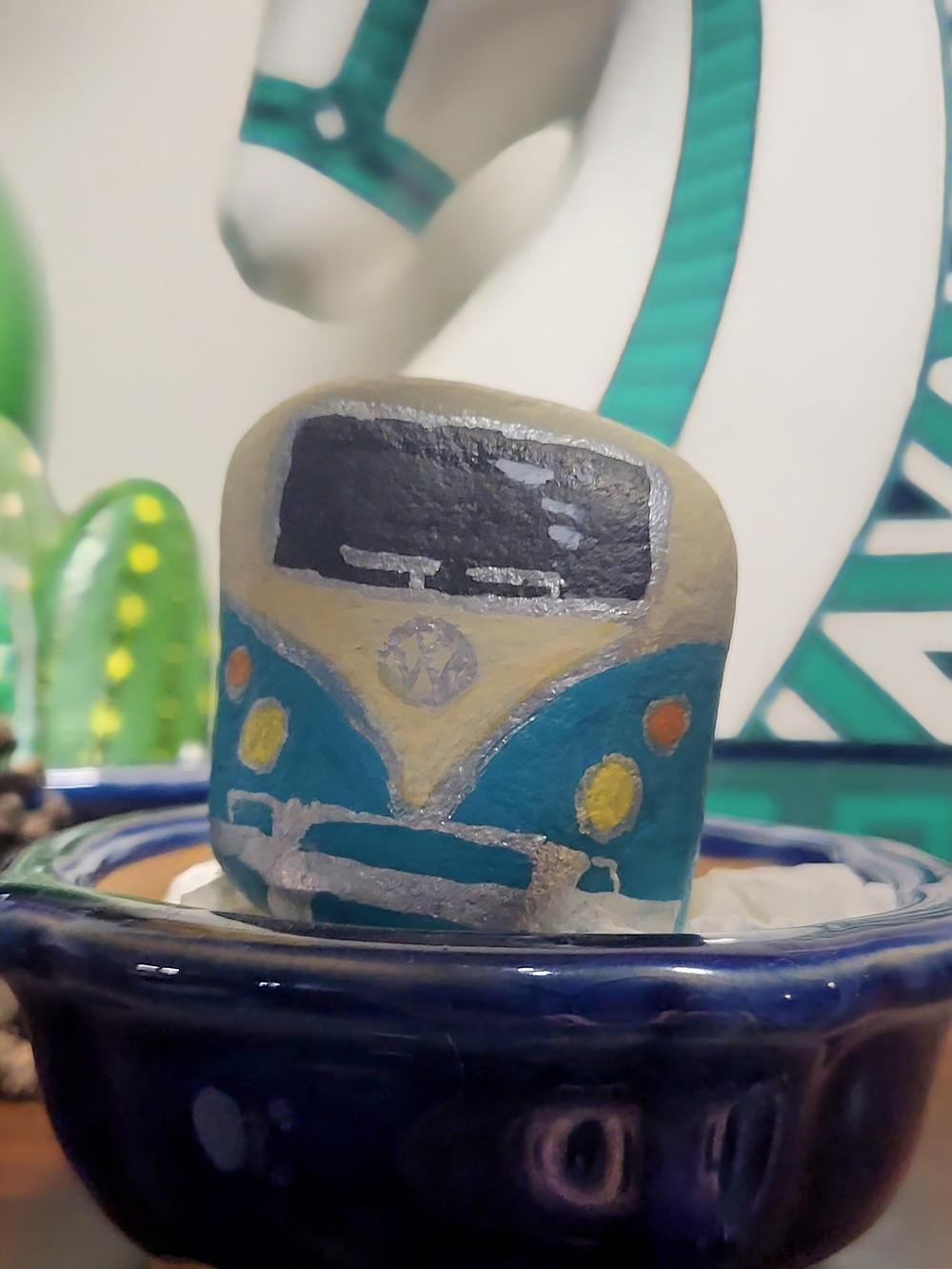 Hand-Painted Teal Classic VW Van/ Camper Rock Décor